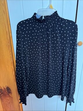 Adrianna Papell Black Polka Dot Smocked Neck Blouse